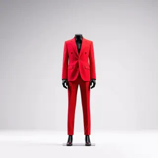 A full-body view of a mannequin wearing a bright red suit with a black shirt underneath, on a plain white background, with a wide shot and the mannequin's feet visible, in a realistic and detailed digital art style
