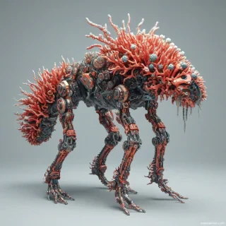 a biomechanical creature, Coral, in a full-body view, with a mix of organic and metallic elements, vibrant coral-inspired colors, in a pixel art style, on a plain white background, even lighting