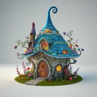 A 3D cartoon animation of a fairy house made from a vase, with bright lighting, vibrant colors, and intricate details, in a full-body view with the house visible from all sides, on a plain white background, with a whimsical and fantastical atmosphere, on a plain white background, even lighting