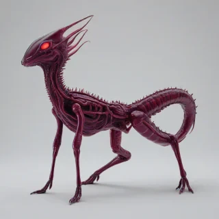 A detailed, full-body view of a vibrant, maroon-colored alien parasite, set against a plain white background, with a synthwave aesthetic, featuring neon accents and a futuristic atmosphere, with intricate details and textures, in a wide shot with its entire body visible, including its feet, on a plain white background, even lighting