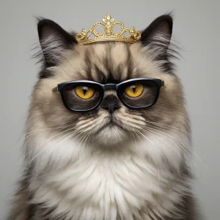 Tortoiseshell Persian cat, fuzzy, black, beige, and white fur, yellow eyes, trendy sunglasses, sparkly tiara, plain white background, digital illustration, on a plain white background, even lighting