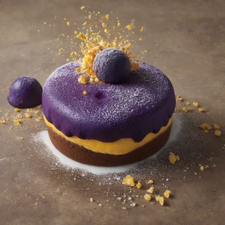A hyper-realistic 3D macro render of a gourmet ube cheese lava cake. The dessert features a perfectly spherical, crispy golden-brown exterior dusted with fine sugar crystals, which has been sliced open to showcase a vibrant, porous deep-purple yam sponge. From the center, a thick, glossy molten cheese sauce in a pale buttery yellow cascades outward with a realistic viscous flow. A rich, translucent violet ube glaze is drizzled artfully over the top, catching the light with high specularity. The lighting is warm and cinematic, utilizing subsurface scattering to give the purple cake a soft, edible glow, while the background is softly blurred to emphasize the intricate textures of the crumb and the smooth, creamy cheese core., on a plain white background, even lighting
