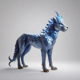A blue quadruped, full-body view, wide shot, medieval setting, fantasy creature, scales glisten in the sunlight, majestic, regal, on a plain white background, digital art style, on a plain white background, even lighting 