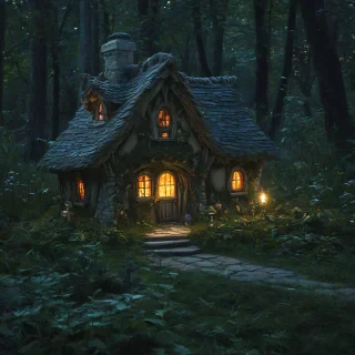 a realistic fairy house in the woods at night