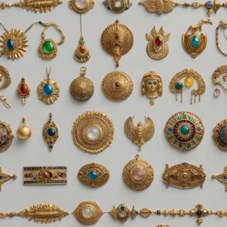 A wide shot of a collection of Egyptian jewels, including golden necklaces, precious gems, and ornate headdresses, on a plain white background, in a photorealistic style with high detail and intricate textures, with soft, warm lighting and subtle shadows, on a plain white background, even lighting 