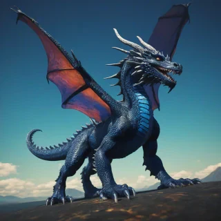 A large, dark blue dragon with scales glistening in the light, standing in a full-body view with its feet visible, flying in the big blue sky, in a digital art style with vibrant colors and dynamic shadows, with a wide-angle shot and a slight fish-eye lens effect
