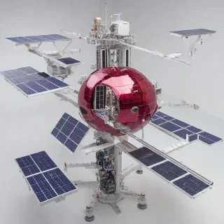 a large, sleek space station named Ruby, with a metallic surface and a series of solar panels and antennas, set against a plain white background, in a wide shot with the entire station visible, with a contemporary and futuristic design, with bright and vibrant colors, and a sense of depth and dimensionality, on a plain white background, even lighting 