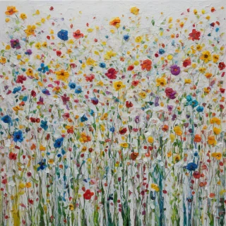bright abstract flower field, colorful, textured painting, on a plain white background, even lighting