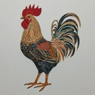 Folk art style picture of a full-body view of a rooster on a plain white background