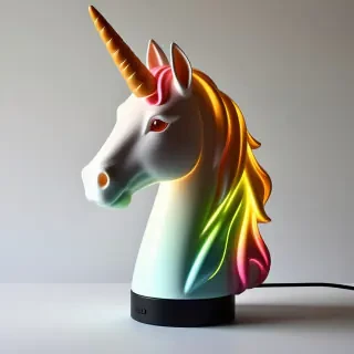 a lamp that's base looks like a rainbow unicorn head