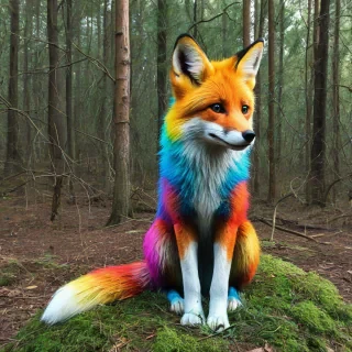 Pop art of a rainbow fox  sitting in a forest