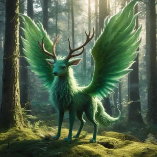A full-body view of a green fantasy creature with a long, fluffy tail and catlike ears, and it has large, branching antlers, and two huge, open wings on it's back, in a forest, in a whimsical, dreamlike illustration style with soft, vibrant colors and delicate textures, with backlight and dynamic shadows