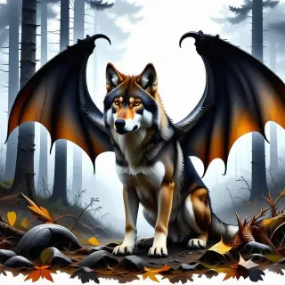 wolf with dragon wings in a forest