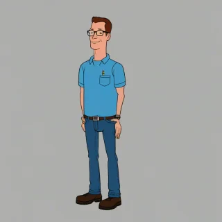 Hank Hill from the cartoon King of the Hill, propane salesman, wearing his signature blue shirt and jeans, standing in front of a white background with a full-body view, with a wide shot, and a friendly smile, in a digital illustration style with bold lines and vibrant colors, on a plain white background, even lighting 