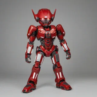 a red mecha suit, funko pop style, with an enlarged head, on a plain white background, even lighting