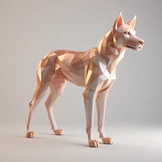 A low poly, full-body view of a quadruped named Rose, with a rose-gold metallic sheen to her fur, standing on a plain white background, with soft, warm lighting and a slight gradient to give her a gentle, ethereal glow, in a digital art style with clean lines and minimal textures, with her legs and body positioned in a relaxed, natural stance, and her eyes shining with a bright, curious expression, with a wide-angle shot to capture her entire body and surroundings, on a plain white background, even lighting