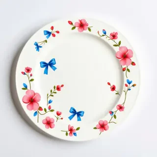 white dinner plate with pink flowers and blue bows printed on it