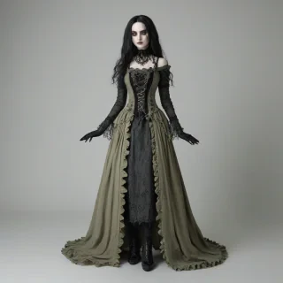 a full-body view of a Gothic doll with a khaki-colored dress, standing on a plain white background, with intricate details and accessories, in a wide shot, with soft, natural lighting and subtle shadows, in the style of a digital illustration, on a plain white background, even lighting