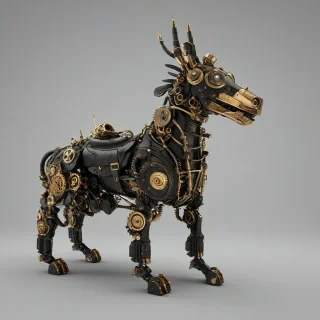 A full-body view of a black quadruped, with a steampunk aesthetic, featuring intricate brass gears, copper pipes, and a mixture of leather and metallic accents, set against a plain white background, with a wide-angle shot, and dramatic lighting that highlights the subject's mechanical details, in a digital art style with a mix of realistic and stylized elements, on a plain white background, even lighting