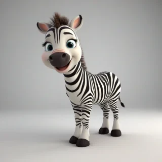 A cartoon style cute baby zebra with a smile, in 3D animation style, full-body view, with bright and vibrant colors, standing on a plain white background, with a wide-angle shot, and dynamic lighting, featuring a small, rounded body, large eyes, and a tiny nose, with a happy and playful expression, on a plain white background, even lighting, on a plain white background, even lighting, on a plain white background, even lighting 