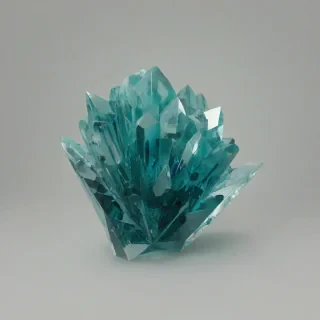 A large, intricate crystal formation in shades of turquoise, with sharp, geometric facets and a smooth, glassy appearance, set against a plain white background, in a contemporary style, with a wide shot and the entire crystal visible, including the base and any surrounding crystalline structures, with a soft, diffused light and subtle shadows to accentuate the crystal's texture and color, on a plain white background, even lighting