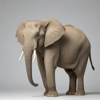 Ivory elephant in a wide shot, full-body view, on a plain white background, realistic style