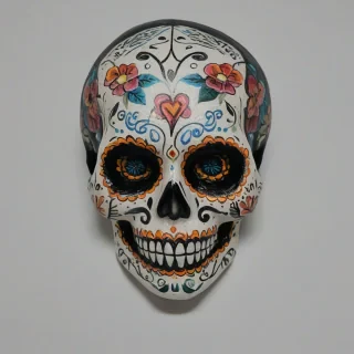 skull painted with dia de los Muertos face painting, bright lighting, on a plain white background, even lighting