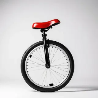 unicycle with a red seat and white wheel spokes