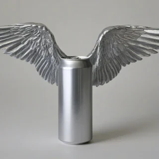 aluminum soda can with wings attached to it, bright lighting, on a plain white background, even lighting