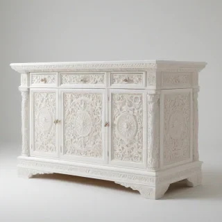 A highly detailed, realistic, white chest, with intricate carvings, in a wide shot, with the chest centered, on a plain white background, with soft, natural lighting, and subtle shadows, in a photorealistic style, on a plain white background, even lighting 