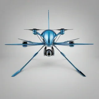 A sleek, modern drone with a metallic Sky Blue finish, featuring sharp lines and a futuristic design, captured in a wide shot with the drone's propellers and landing gear visible, set against a plain white background, in the style of modernist photography with a focus on geometric shapes and clean lines, on a plain white background, even lighting 