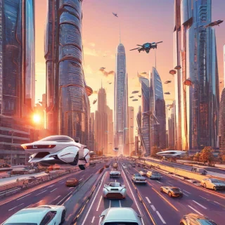 A vibrant digital collage of a futuristic cityscape at sunset, with sleek skyscrapers and flying cars, in a wide shot with a plain white background, created in a futuristic digital art style with bold lines and bright colors, full-body view of the city