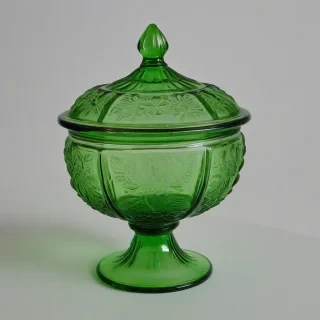 vintage, embossed, green glass candy dish, with lid, on a plain white background, even lighting