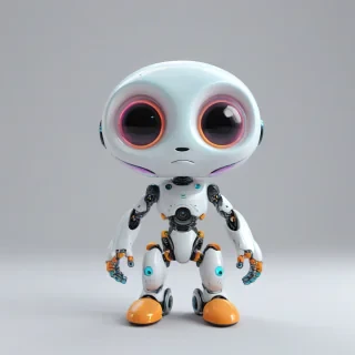 3d cartoon animation, cute baby robot alien, big eyes, rounded features, short body, tiny nose, tiny feet, vivid colors, wide angle shot, feet visible, on a plain white background, even lighting
