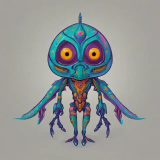 cel-shaded, bold lines, vibrant, extraterrestrial creature, reminiscent of Zelda, with a hint of its fantasy elements, vivid colors, on a plain white background, even lighting