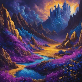 Vibrant fantasy art, dramatic scene with blues, purples, and golds
