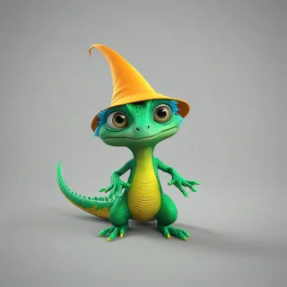 3d cartoon animation, baby green sorcerer lizard, wearing a sorcerer's hat, white beard, short body, rounded features, big eyes, vivid colors,, on a plain white background, even lighting
