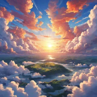 peaceful anime scene of the sky with bright colorful clouds with a sunrise and a pretty landscape below
