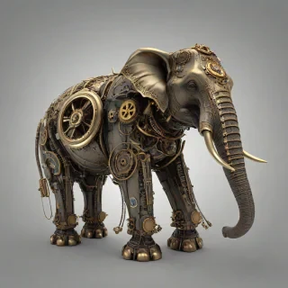 A majestic elephant, intricately detailed, with brass gears, copper pipes, and vintage clockwork mechanisms, in a full-body view, with its entire body visible, set against a plain white background, with a wide-angle shot, and dynamic shadows, in a digital art style with a mix of realistic and fantastical elements, with even lighting.