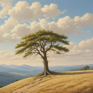 A beautiful, serene painting of a lone tree on a hill, full-body view, wide shot, with visible roots and branches, set against a clear blue sky with a few puffy white clouds, warm sunlight casting a gentle glow, oil painting style, high level of detail, on a plain white background