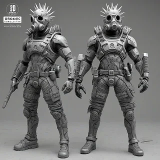 {
  "mode": "text-to-3d",
  "style": "realistic_sculpt",
  "prompt": "Create a 1/10 scale (18–20 cm) unpainted realistic collectible figure sculpt of a futuristic graffiti-style warrior in organic-realistic style. He has spiky hair, a mechanical gas mask, and holds a large industrial hammer on his shoulder. He wears armored gloves, baggy pants, heavy boots, and a fuel tank on his waist with hoses linking to the weapon. Blend soft fabric folds with hard armor plates; show lifelike anatomy and balanced, stable pose. Model should be gray resin prototype, high-poly, watertight, manifold, ready for 3D printing. Lighting clean and studio-like, no background, no color, no effects, no base, no stylization — just a full detailed sculpt.",
  "negative_prompt": "no color, no paint, no background, no text, no effects, no environment, no base, no stylization, no blur",
  "output_format": "stl",
  "quality": "high"
}, on a plain white background, even lighting