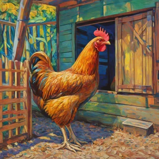 Fauvism style of a chicken  in a chicken coop