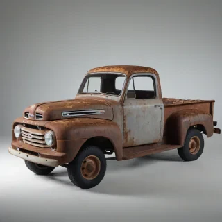 rusted, old ford pickup truck, on a plain white background, even lighting