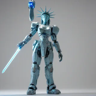 Statue of Liberty, mecha style, with a glowing blue laser sword in hand, standing on a plain white background with even lighting.