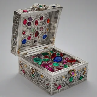 A beautiful, intricately designed silver jewelry box, with the lid opened, revealing a treasure trove of vibrant, colorful jewels inside, including rubies, emeralds, sapphires, and diamonds, all set against a plain white background, in a wide shot with the entire box visible, and the jewels sparkling with a soft, warm light, in a digital art style with precise details and textures, full-body view of the box, on a plain white background, even lighting 