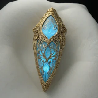 A highly detailed, realistic, sky blue, ornate, glowing magical artifact, with intricate golden engravings, and a subtle aura, in a wide shot, with the entire artifact visible, on a plain white background, with soft, natural lighting, and a sense of depth and dimensionality, in a fantasy setting, with a hint of mysticism, on a plain white background, even lighting 