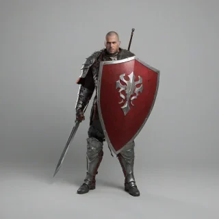 Crimson shield, photorealism, full-body view, on white background
