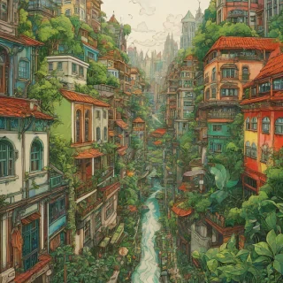 Vibrant ecopunk cityscape, lush greenery, colorful buildings, Sam Guay art style, on white