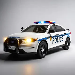 A police squad car with its lights on and flashing