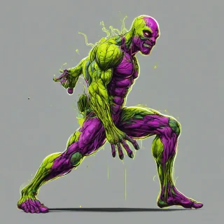 A cell shaded, hand-drawn style mutant, full-body view, with vibrant, neon colors, and dynamic shading, set against a plain white background, with bold lines and textures, in a wide shot, with the mutant's feet visible, and a sense of movement and energy, on a plain white background, even lighting